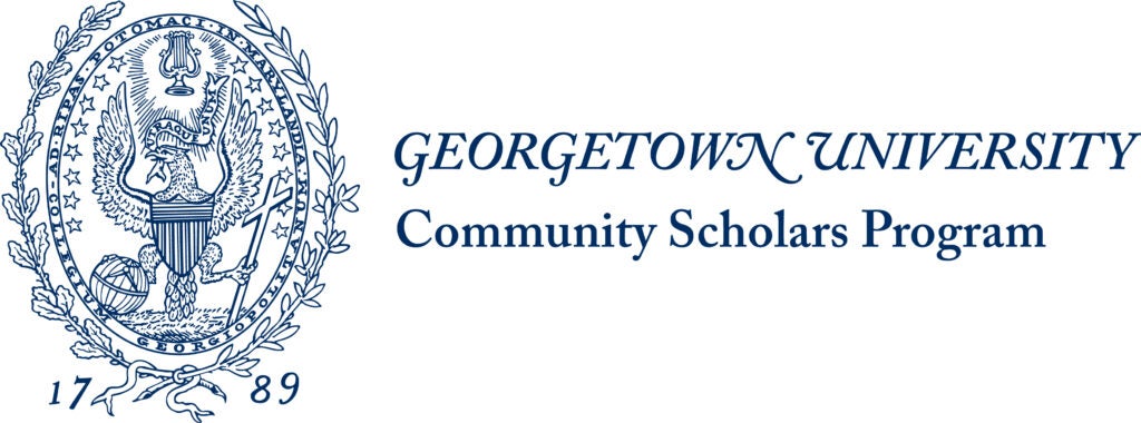 Pictured above, the Georgetown University seal appears on the left, illustrated in dark blue with an eagle, shield, and laurel wreath. To the right, in matching blue text, it reads "Georgetown University Community Scholars Program," with "1789" printed below the seal.
